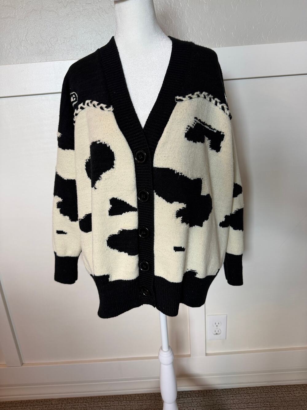 Cider Cow Print Western Cardigan Sweater M Black Cream Oversized Button Front